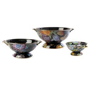 Brand New Mackenzie-Childs Black Flower Market Everything Bowl & Colanders Set